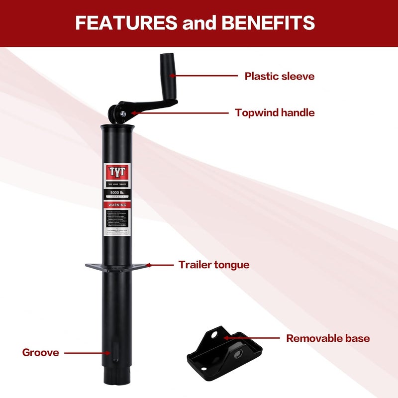 TYT Heavy Duty 5000lbs A-Frame Trailer Jack with 15" Top-Wind Vertical Travel, Black Sandblast Coating, and Foot Plate for RVs, Boat, Utility, and Camping Trailers - Image 3